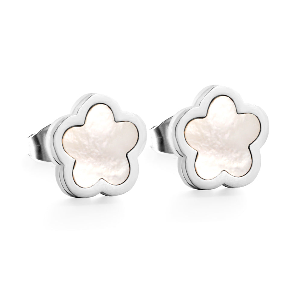 New Stainless Steel Peach Blossoms With White Shell Cutting Stud Earrings asonjewelry